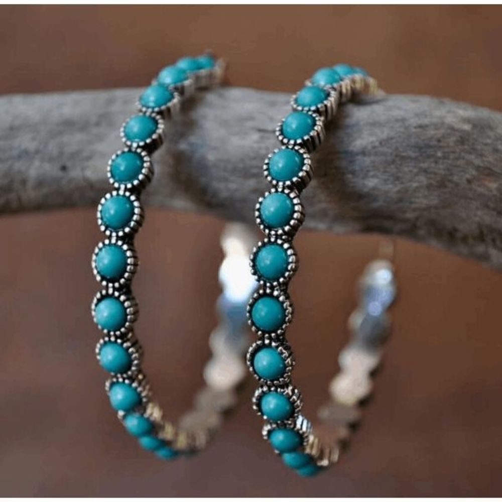SILVER TURQUOISE HOOP WESTERN SOUTHWESTERN EARRINGS